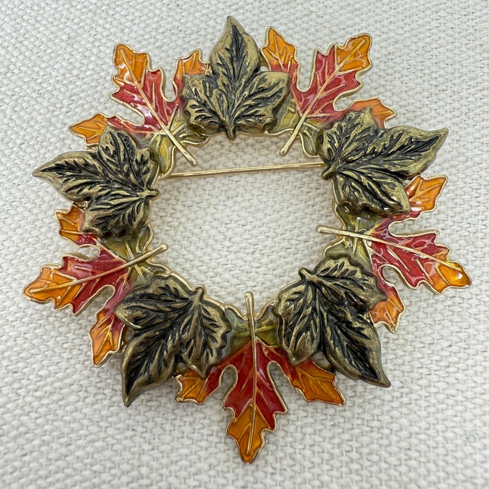 Autumn Leaf Brooch Pin Fall Colors Enamel Gold Tone Kenneth Cole